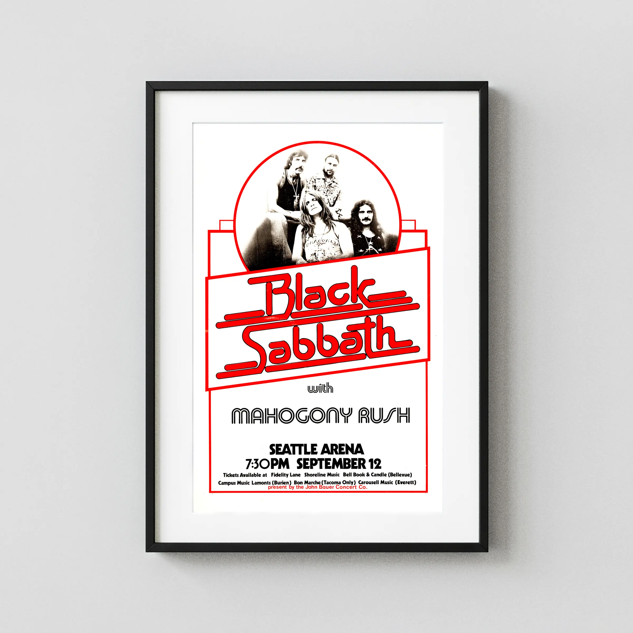Black Sabbath with Ozzy Osbourne 1975 Seattle, WA Concert Poster featuring white, light gray, and red vertical artwork.
