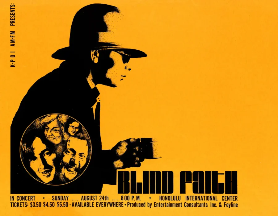Blind Faith poster with orange, white, and black artwork and period lettering.