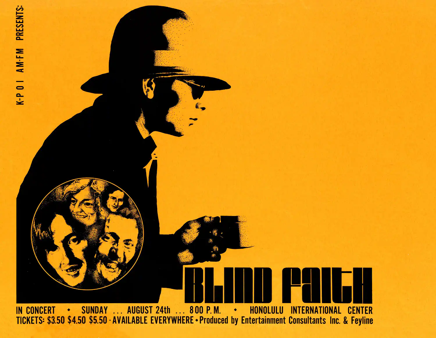 Blind Faith poster with orange, white, and black artwork and period lettering.