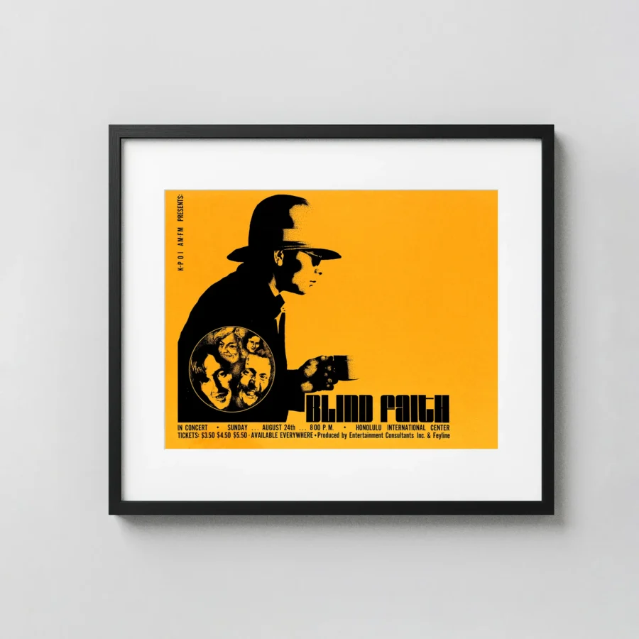 Blind Faith poster with orange, white, and black artwork and period lettering.