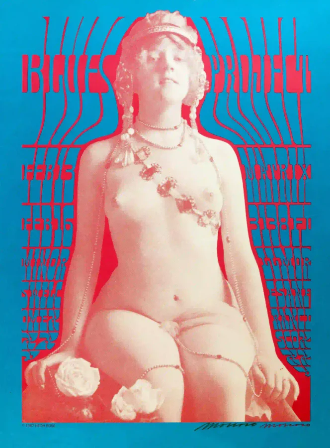 Blues Project 1967 San Francisco Neon Rose "Test Print" Concert Poster featuring cream, red, and blue vertical artwork.