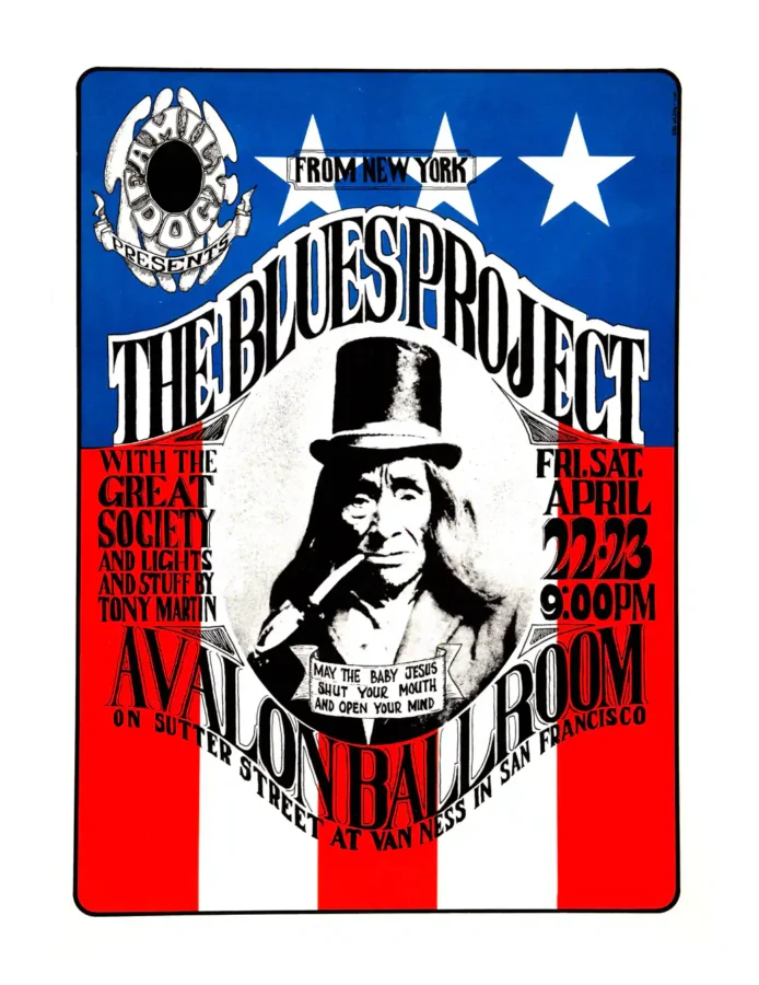 Blues Project, Great Society (with Grace Slick) 1966 Concert Poster featuring white, blue, and red vertical artwork.