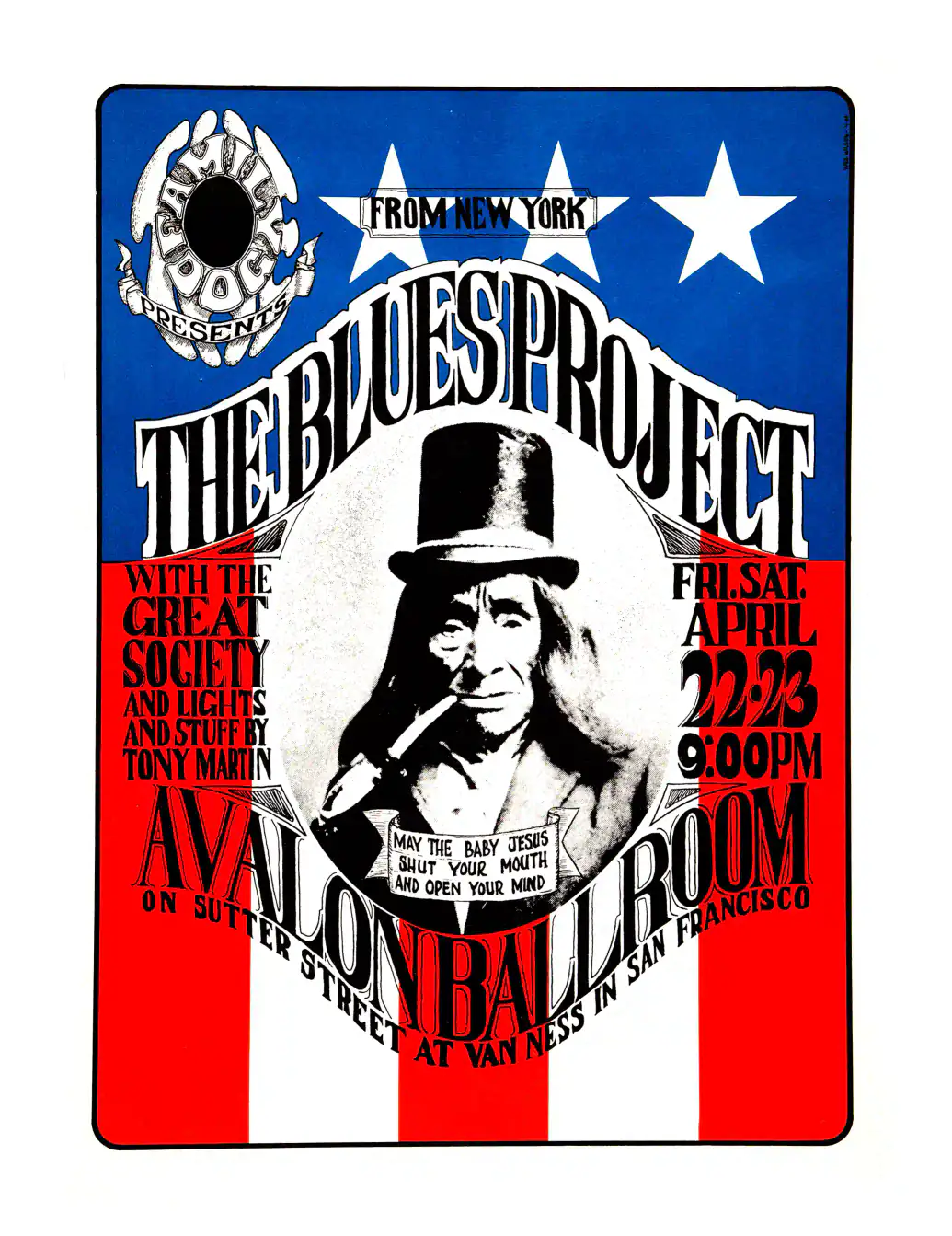 Blues Project, Great Society (with Grace Slick) 1966 Concert Poster featuring white, blue, and red vertical artwork.