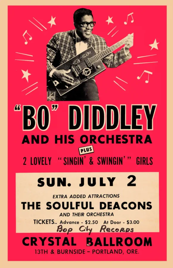 Bo Diddley Crystal Ballroom Concert Poster (1967) featuring red, orange, and white vertical artwork.