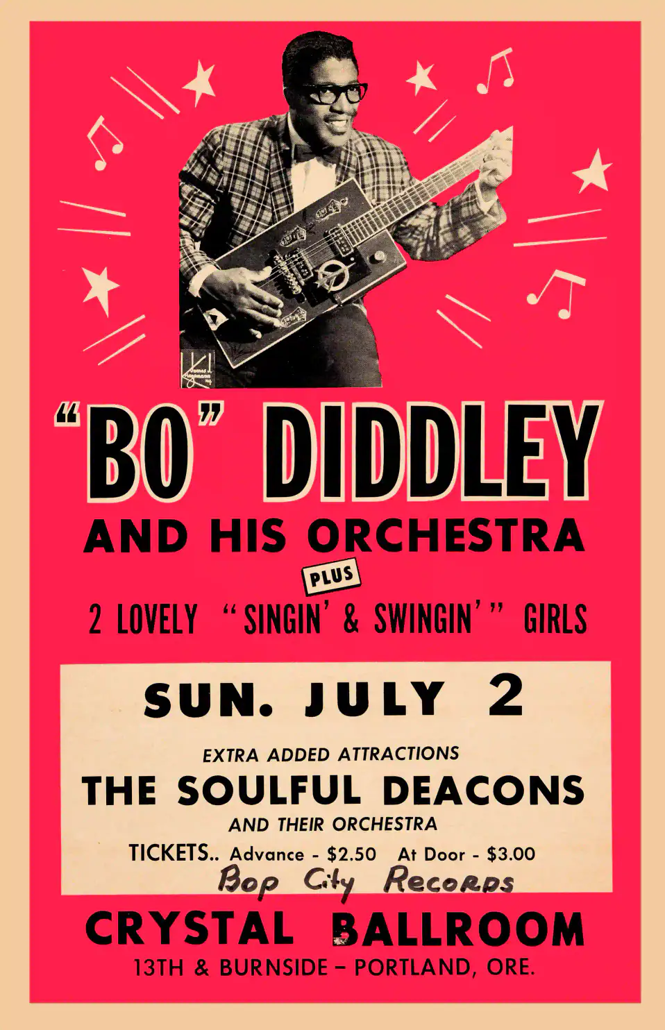Bo Diddley Crystal Ballroom Concert Poster (1967) featuring red, orange, and white vertical artwork.