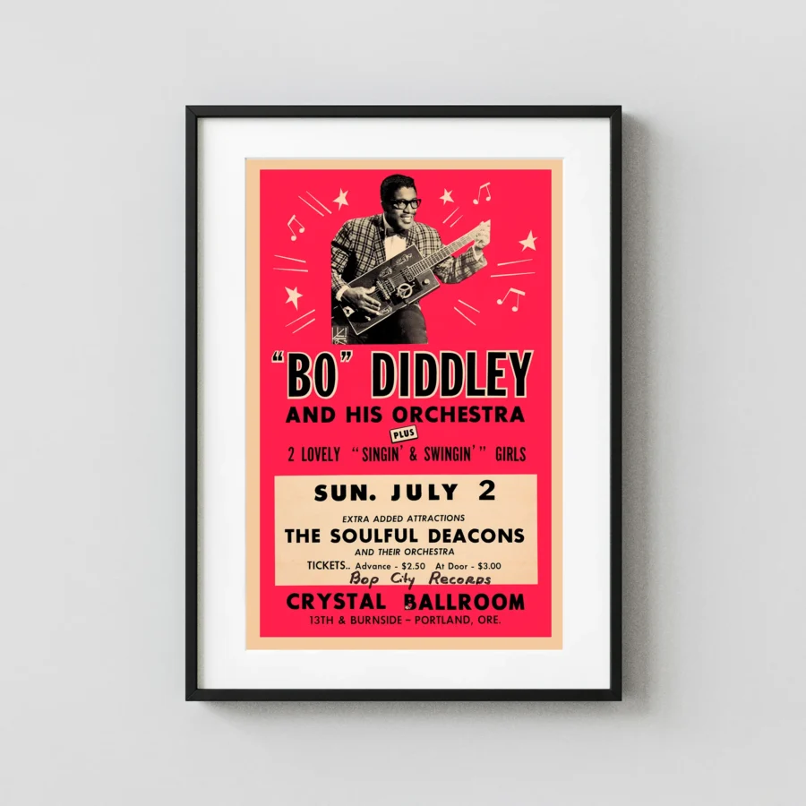 Bo Diddley Crystal Ballroom Concert Poster (1967) featuring red, orange, and white vertical artwork.