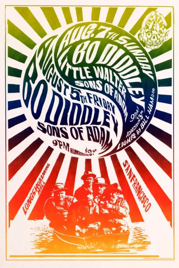 Bo Diddley, Little Walter 1966 Longshoreman's Hall Concert Poster featuring white, orange, and red vertical artwork.