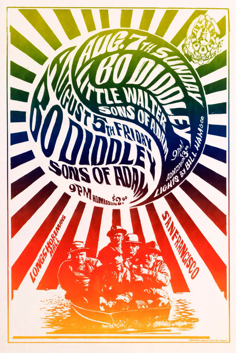 Bo Diddley, Little Walter 1966 Longshoreman's Hall Concert Poster featuring white, orange, and red vertical artwork.