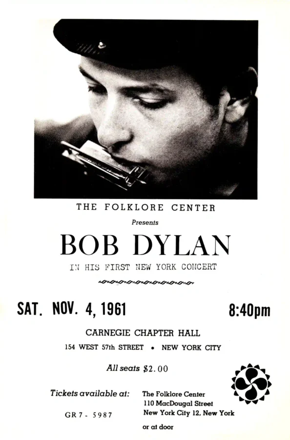 Bob Dylan 1961 Carnegie Chapter Hall Concert Flyer Music Poster featuring white, black, and light gray vertical artwork.