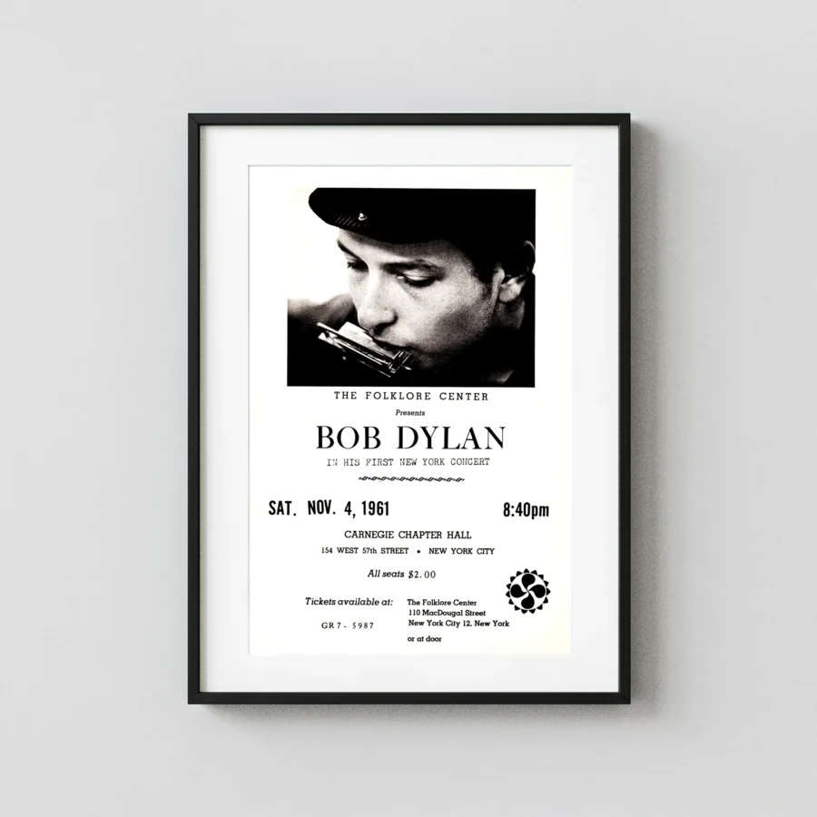 Bob Dylan 1961 Carnegie Chapter Hall Concert Flyer Music Poster featuring white, black, and light gray vertical artwork.