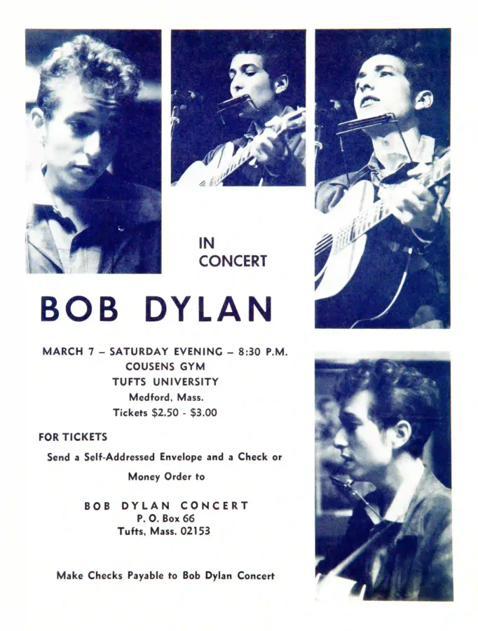 Bob Dylan 1964 Tufts University Concert Music Poster featuring white, navy, and light gray vertical artwork.