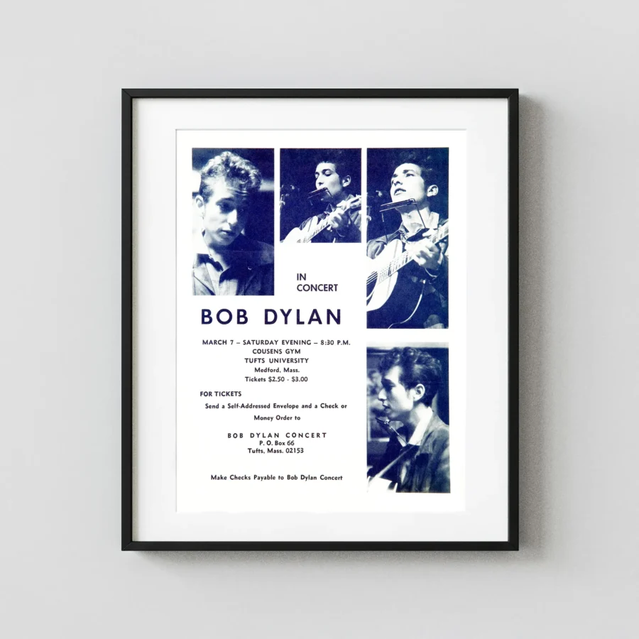 Bob Dylan 1964 Tufts University Concert Music Poster featuring white, navy, and light gray vertical artwork.