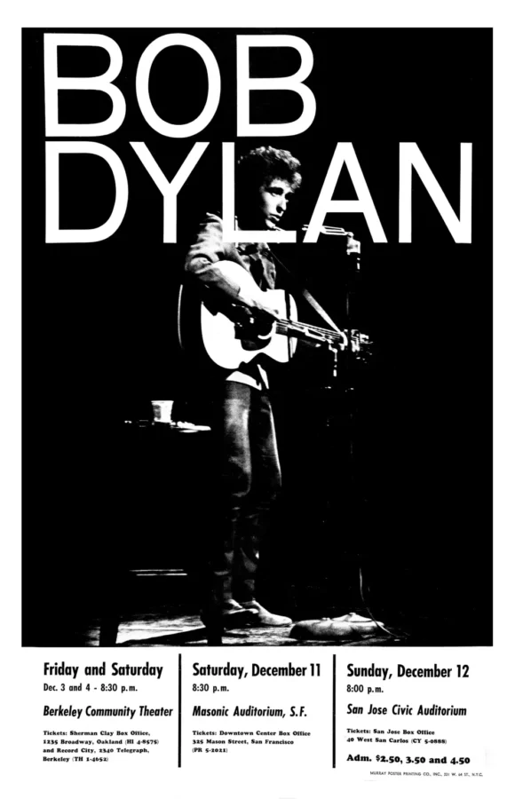 Bob Dylan 1965 San Francisco Bay Area Triple-Venue Concert Poster featuring black, white, and charcoal vertical artwork.
