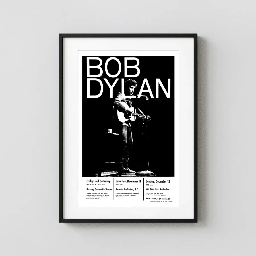 Bob Dylan 1965 San Francisco Bay Area Triple-Venue Concert Poster featuring black, white, and charcoal vertical artwork.