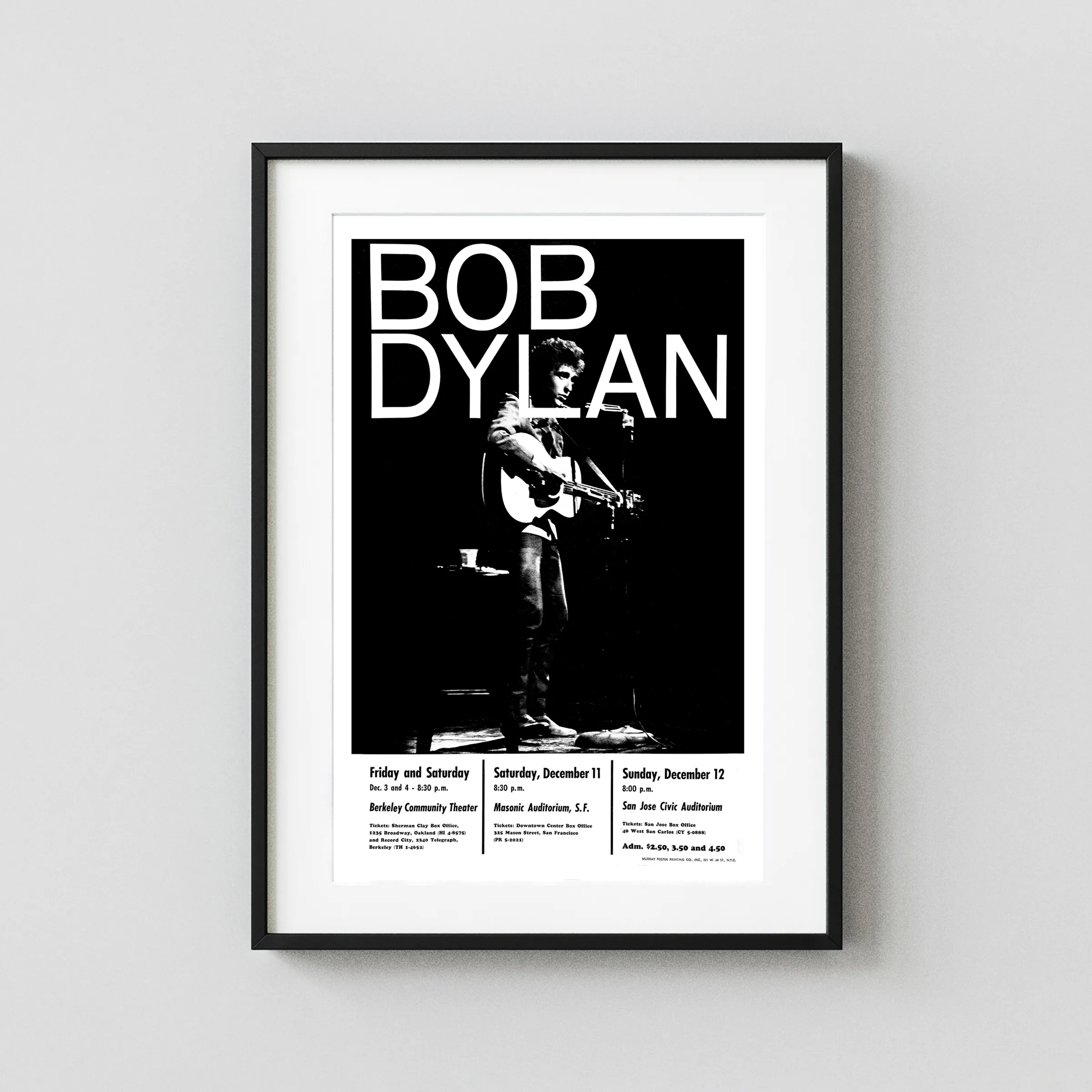 Bob Dylan 1965 San Francisco Bay Area Triple-Venue Concert Poster featuring black, white, and charcoal vertical artwork.