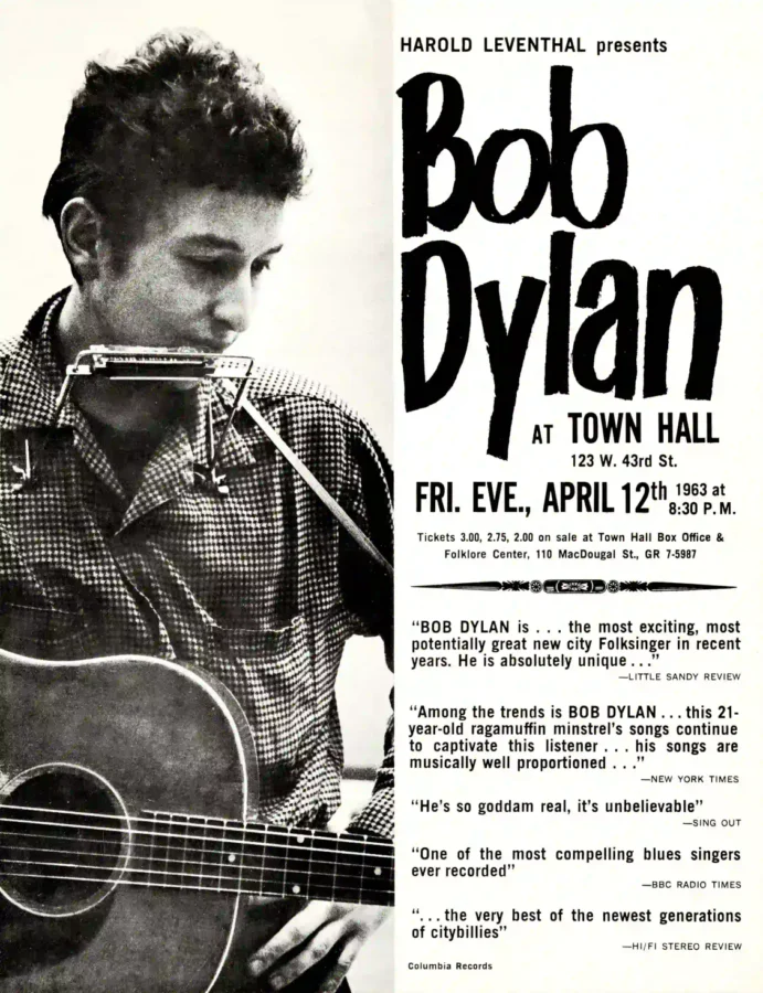 Bob Dylan Concert Handbill (1963) Music Poster featuring white, black, and slate gray vertical artwork.