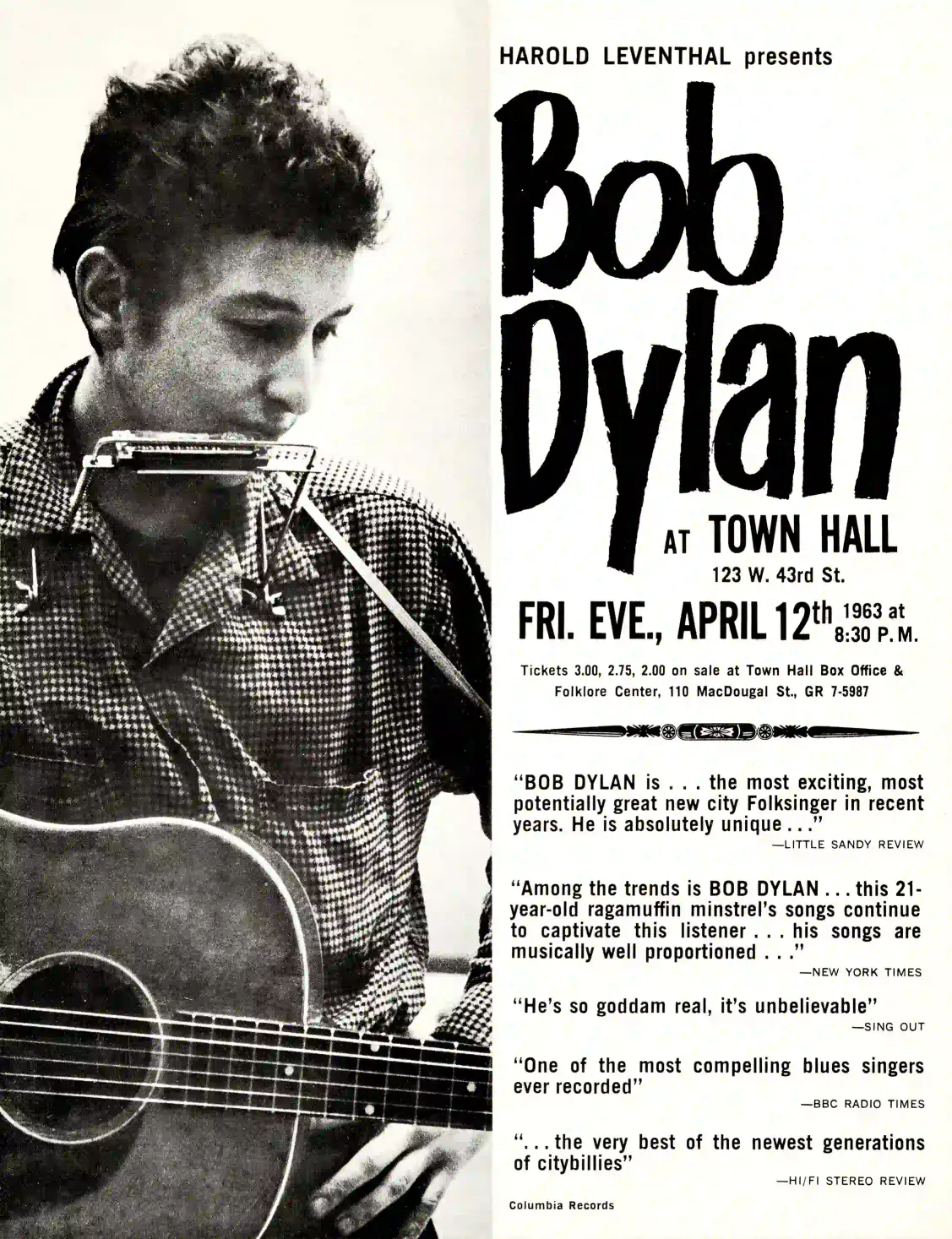 Bob Dylan Concert Handbill (1963) Music Poster featuring white, black, and slate gray vertical artwork.