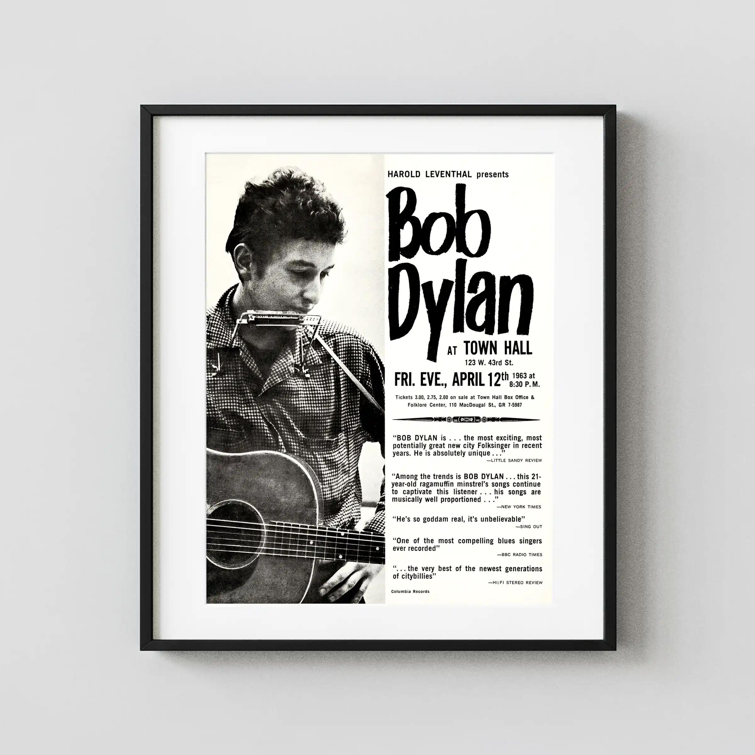 Bob Dylan Concert Handbill (1963) Music Poster featuring white, black, and slate gray vertical artwork.