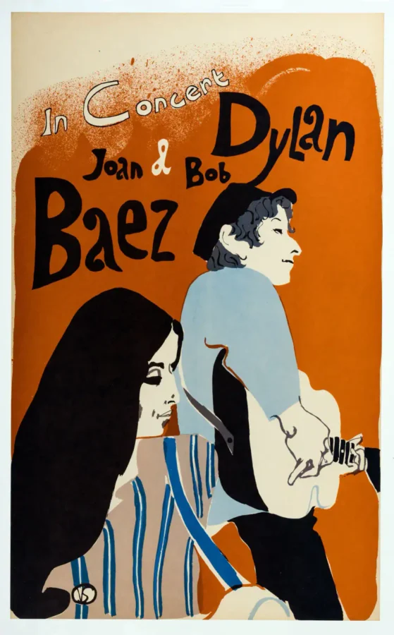Bob Dylan & Joan Baez 1965 Concert Poster featuring black, orange, and cream vertical artwork.