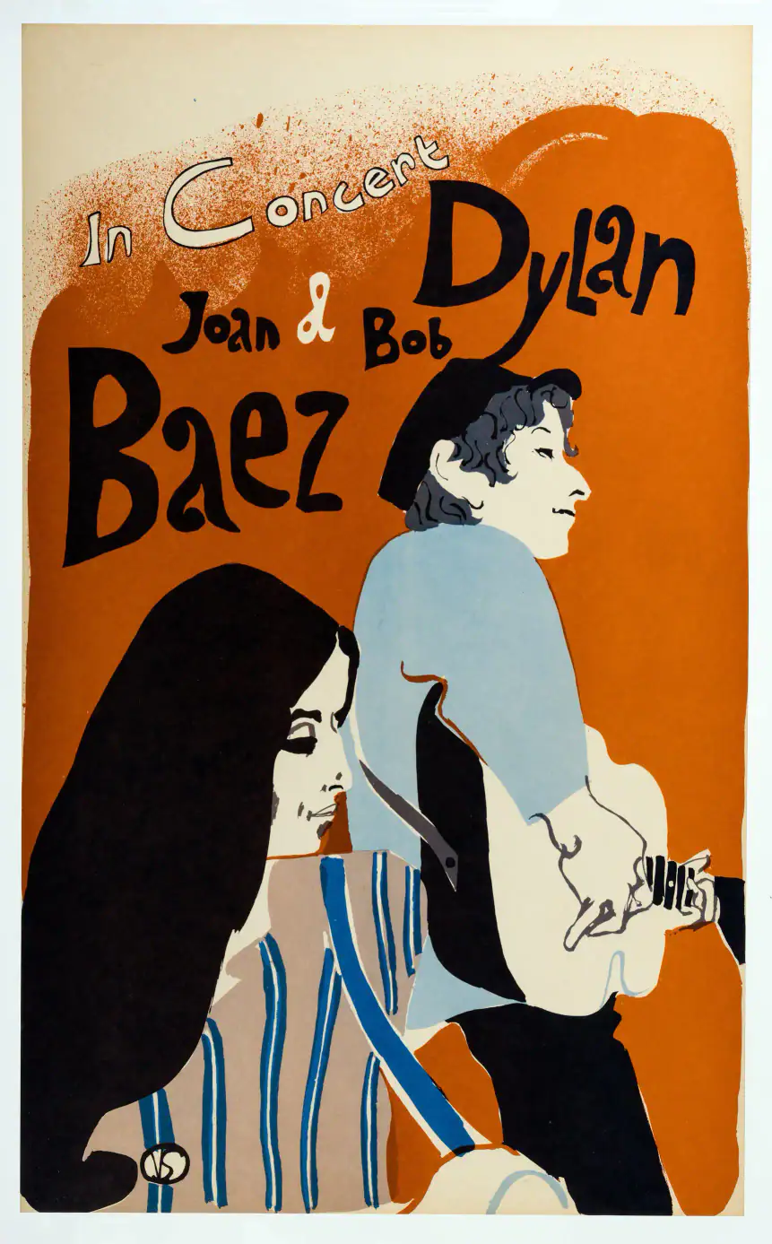Bob Dylan & Joan Baez 1965 Concert Poster featuring black, orange, and cream vertical artwork.