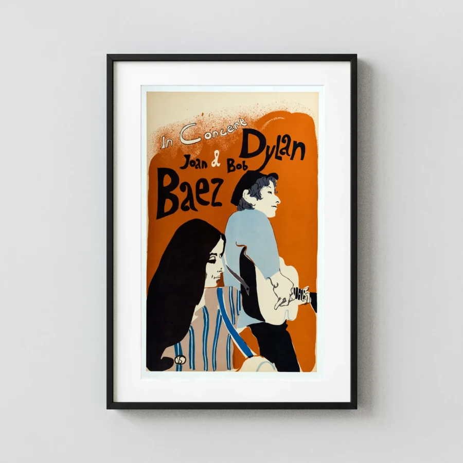 Bob Dylan & Joan Baez 1965 Concert Poster featuring black, orange, and cream vertical artwork.
