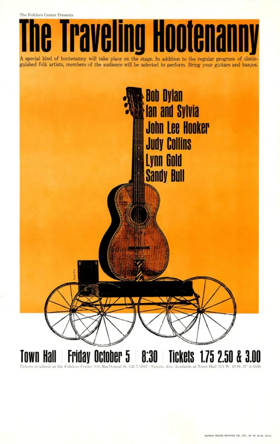 Bob Dylan, John Lee Hooker poster with white, orange, and yellow artwork and period lettering.