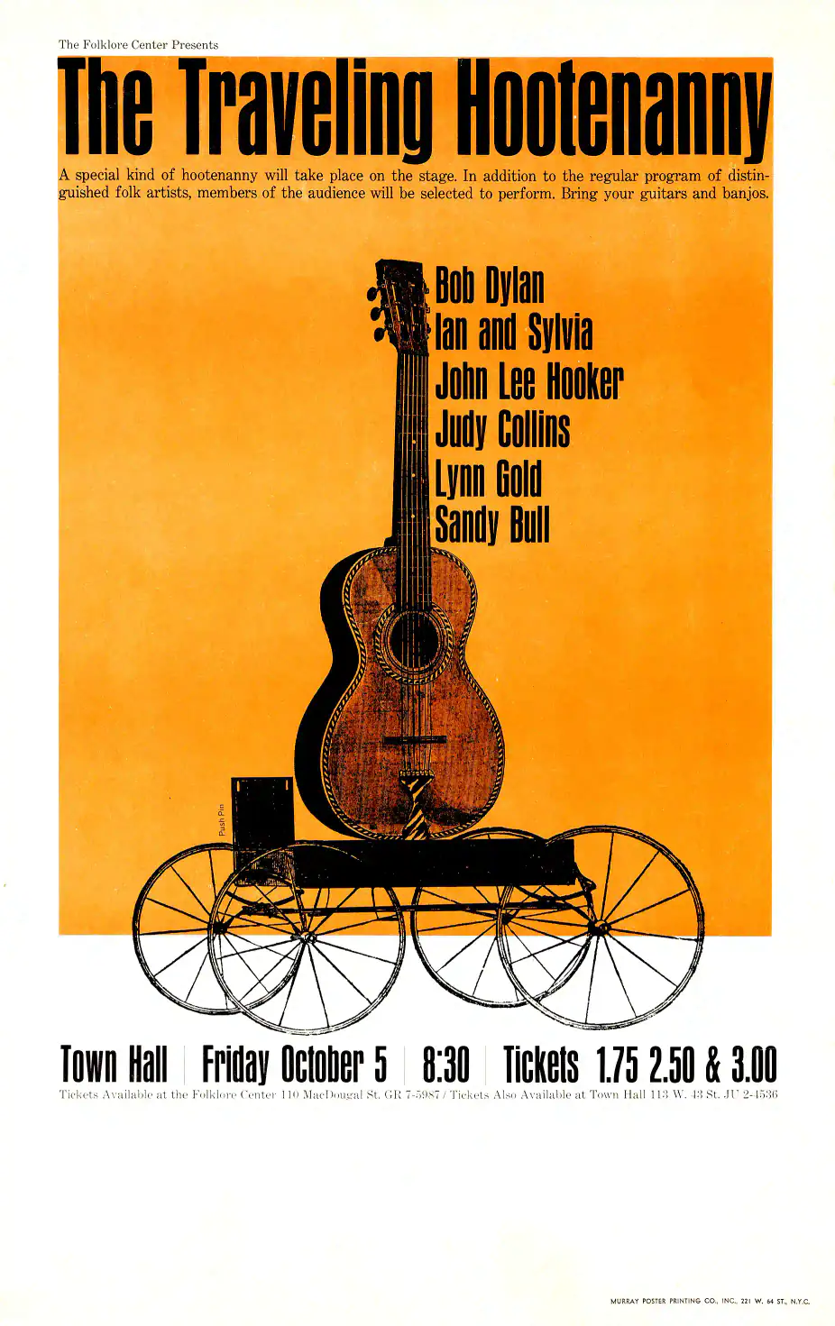 Bob Dylan, John Lee Hooker poster with white, orange, and yellow artwork and period lettering.