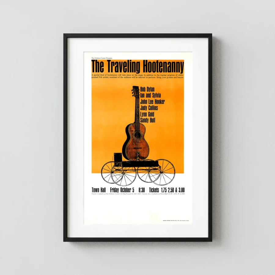 Bob Dylan, John Lee Hooker poster with white, orange, and yellow artwork and period lettering.
