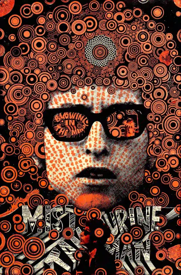Bob Dylan Late-60s "Blowin' in the Mind" Head Shop Poster featuring charcoal, black, and brown vertical artwork.