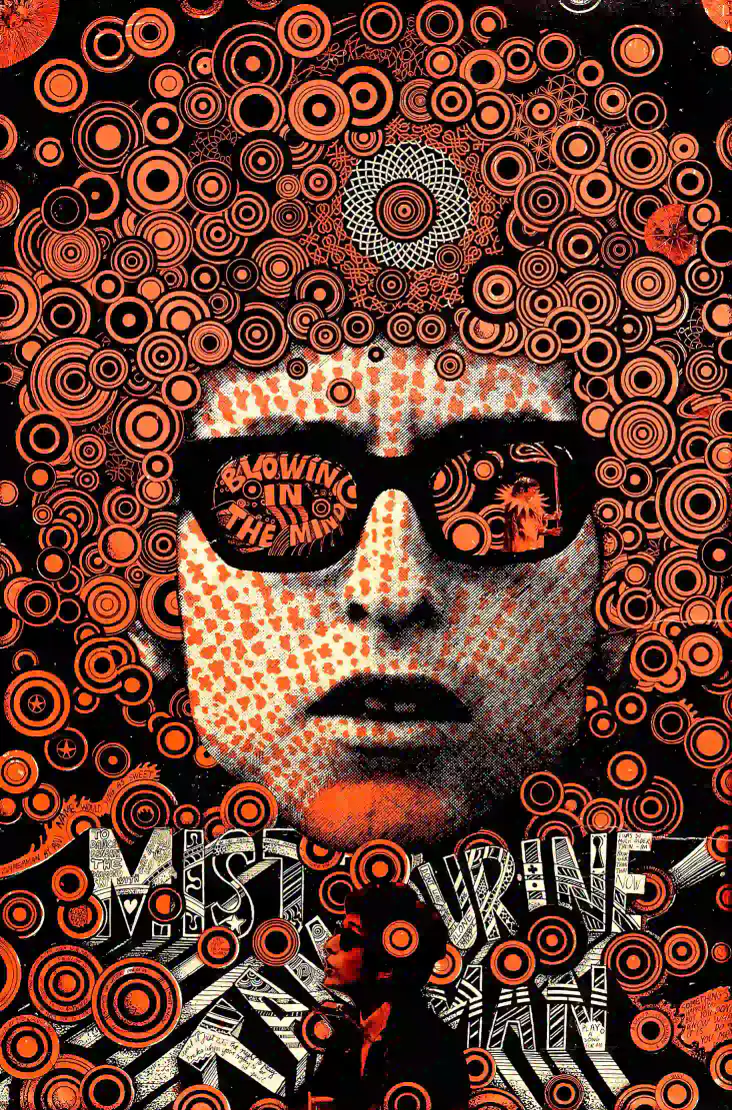 Bob Dylan Late-60s "Blowin' in the Mind" Head Shop Poster featuring charcoal, black, and brown vertical artwork.
