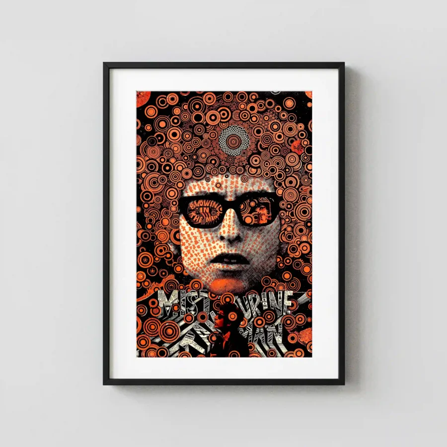 Bob Dylan Late-60s "Blowin' in the Mind" Head Shop Poster featuring charcoal, black, and brown vertical artwork.