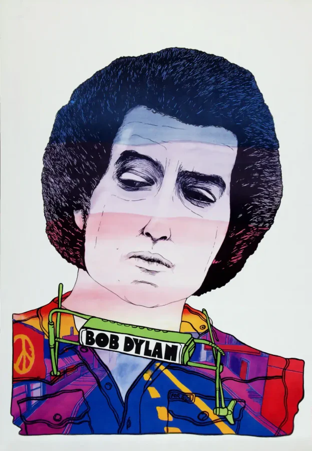 Bob Dylan Poster (JPS, 1975). Polish Music Poster featuring light gray, charcoal, and blue vertical artwork.
