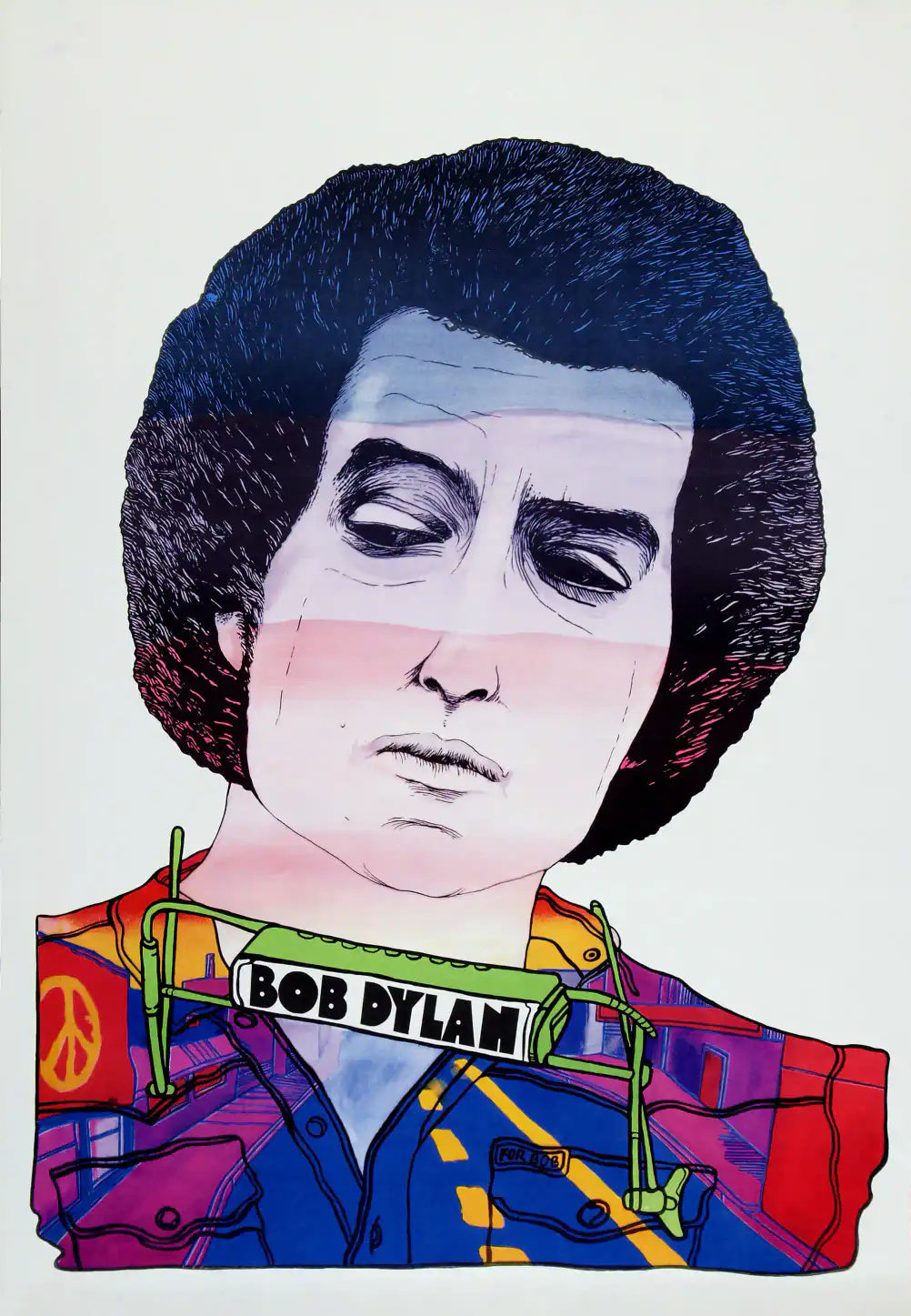 Bob Dylan Poster (JPS, 1975). Polish Music Poster featuring light gray, charcoal, and blue vertical artwork.