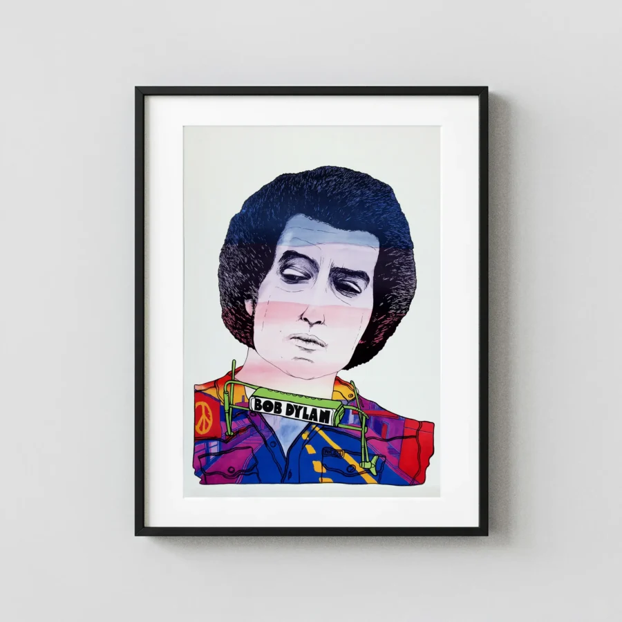 Bob Dylan Poster (JPS, 1975). Polish Music Poster featuring light gray, charcoal, and blue vertical artwork.