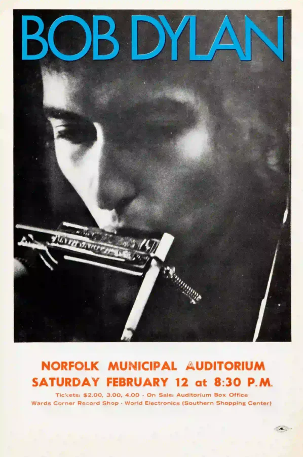Bob Dylan (and the Hawks) 1966 Norfolk, VA Concert Poster featuring charcoal, white, and black vertical artwork.