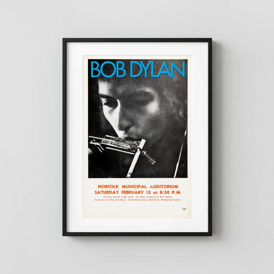 Bob Dylan (and the Hawks) 1966 Norfolk, VA Concert Poster featuring charcoal, white, and black vertical artwork.