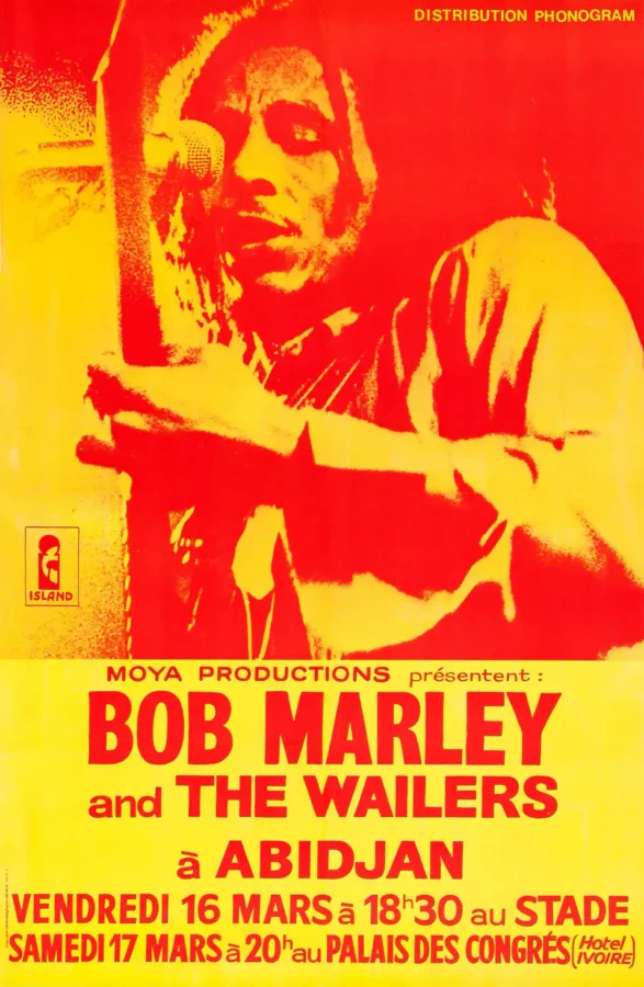 Bob Marley and the Wailers Palais Des Congres 1979 Concert Poster featuring red, yellow, and orange vertical artwork.