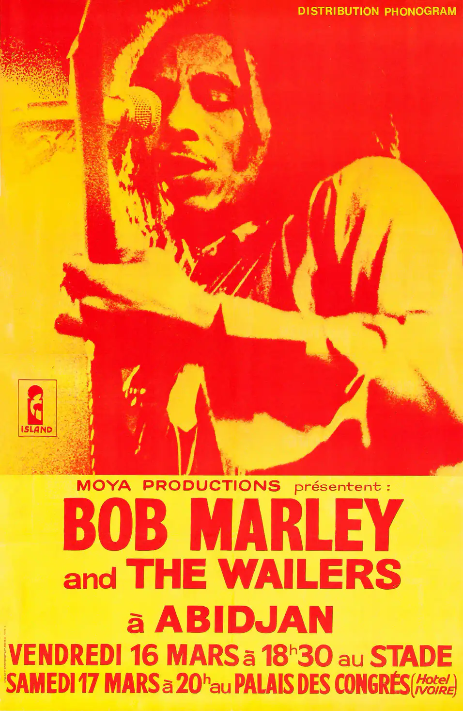 Bob Marley and the Wailers Palais Des Congres 1979 Concert Poster featuring red, yellow, and orange vertical artwork.