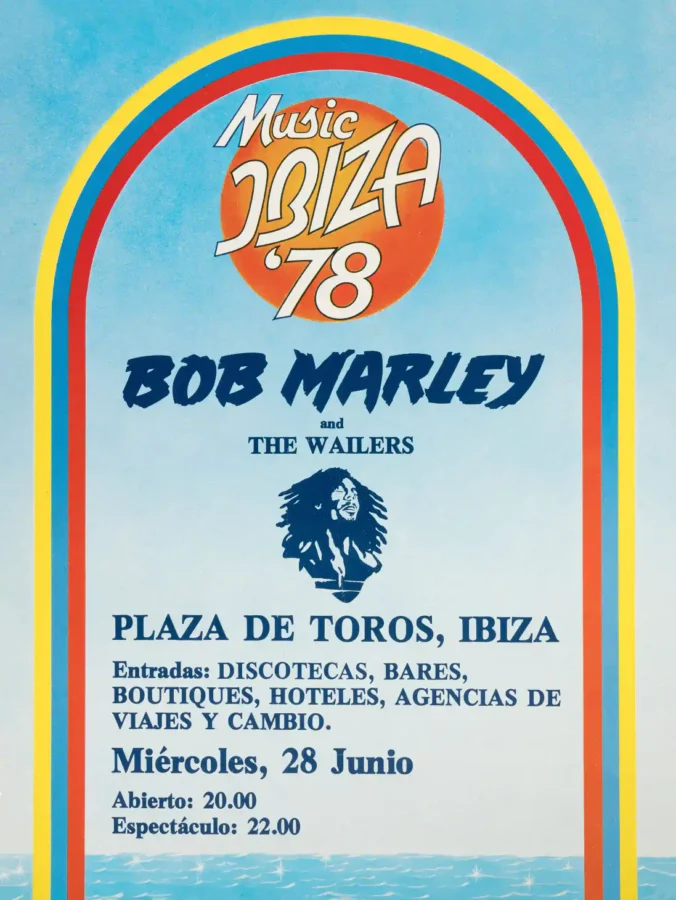 Bob Marley and the Wailers 1978 Ibiza, Spain Concert Poster featuring light gray, blue, and yellow vertical artwork.