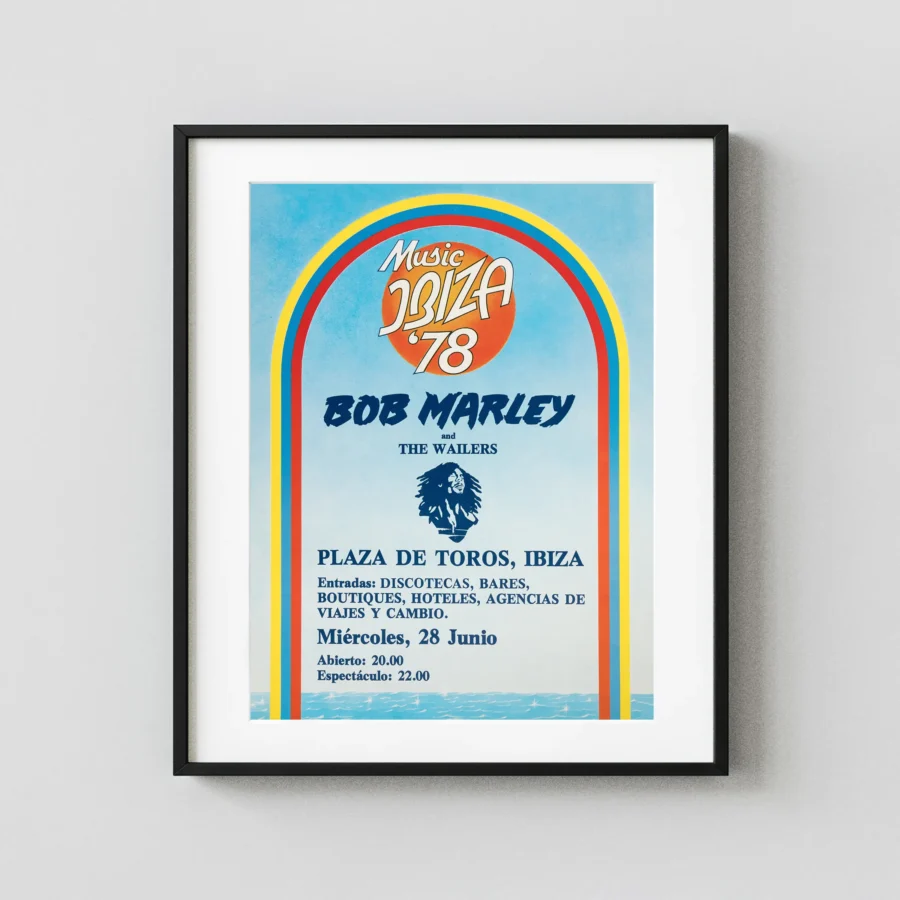 Bob Marley and the Wailers 1978 Ibiza, Spain Concert Poster featuring light gray, blue, and yellow vertical artwork.