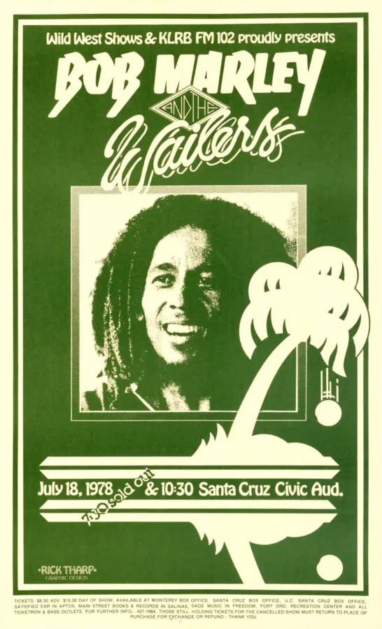 Bob Marley and the Wailers 1978 Santa Cruz, CA Concert Poster featuring deep green, cream, and green vertical artwork.