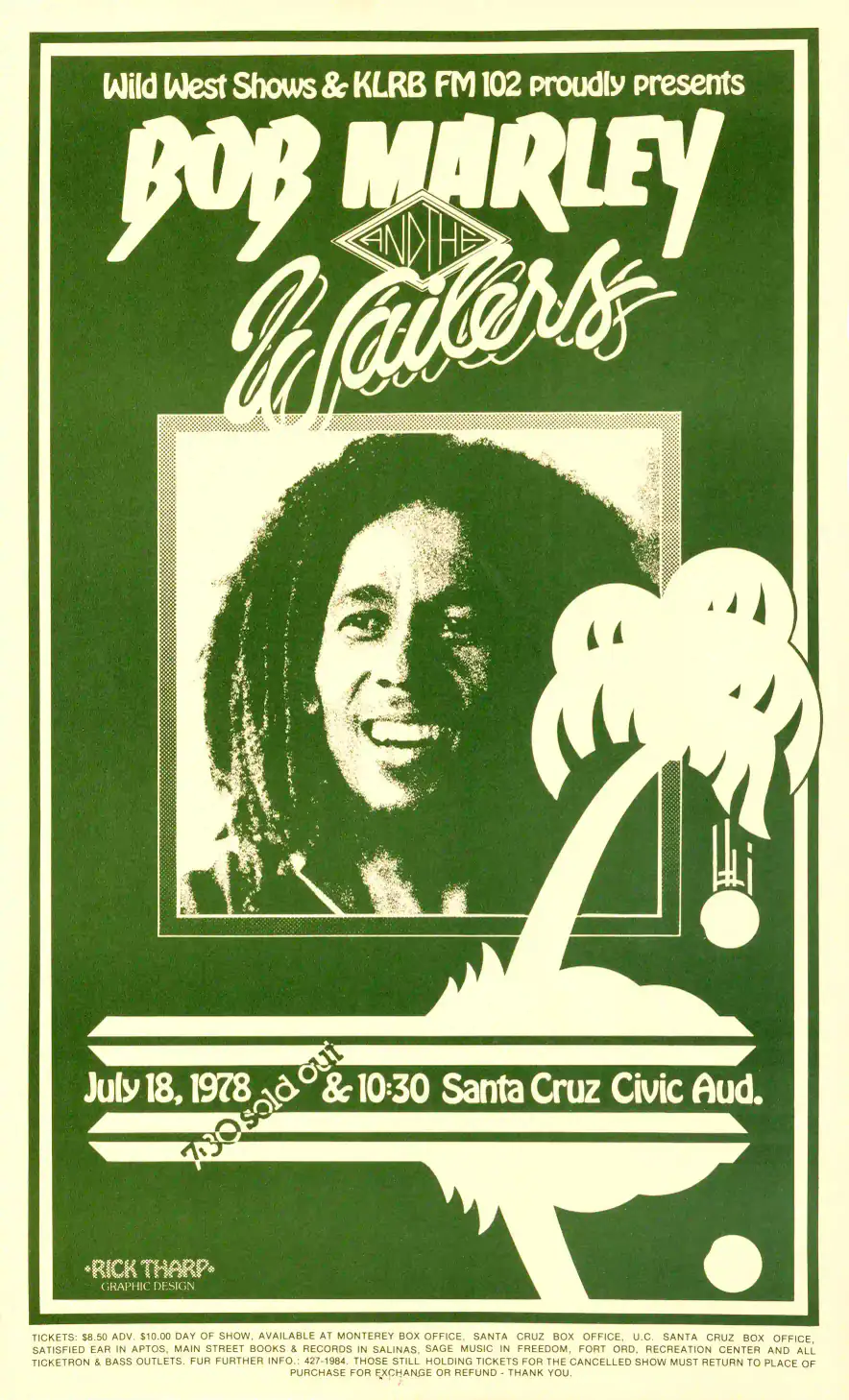 Bob Marley and the Wailers 1978 Santa Cruz, CA Concert Poster featuring deep green, cream, and green vertical artwork.