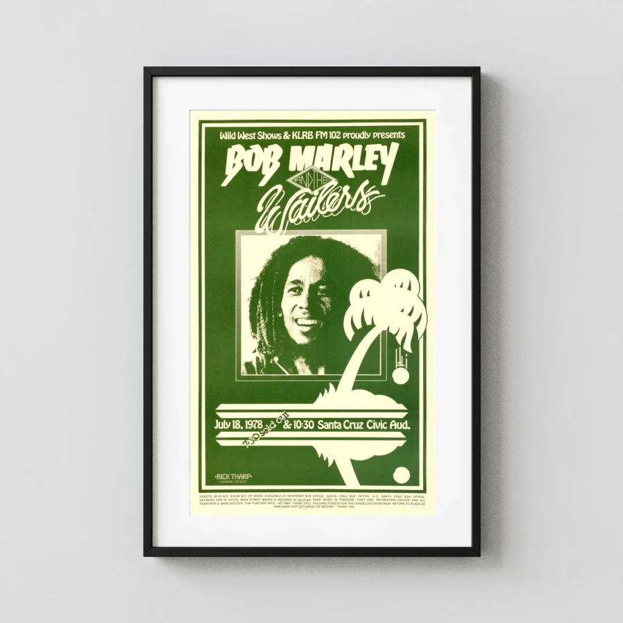 Bob Marley and the Wailers 1978 Santa Cruz, CA Concert Poster featuring deep green, cream, and green vertical artwork.