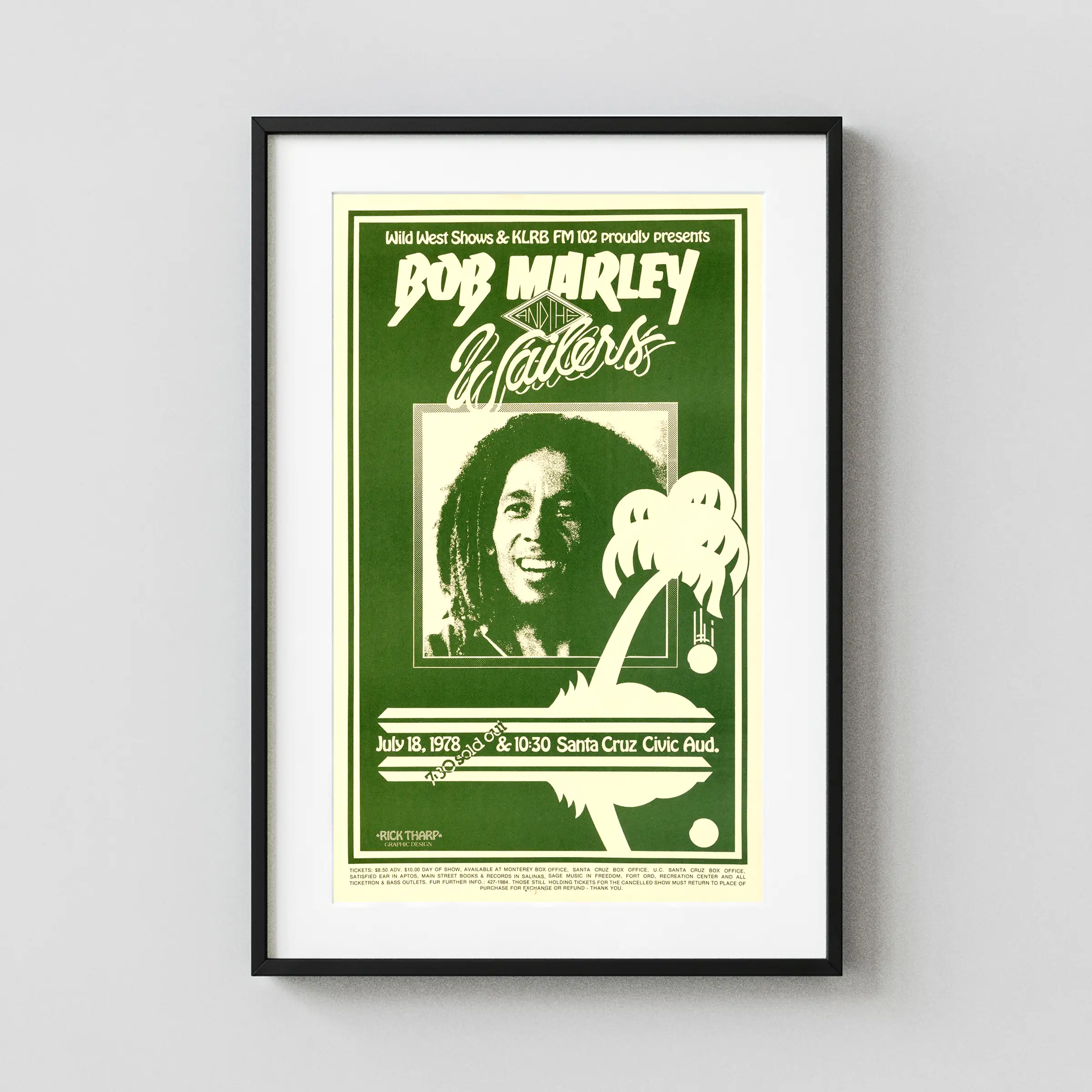 Bob Marley and the Wailers 1978 Santa Cruz, CA Concert Poster featuring deep green, cream, and green vertical artwork.