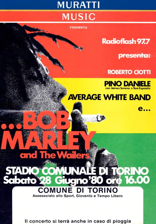 Bob Marley and the Wailers 1980 Turin, Italy Concert Poster featuring white, red, and black vertical artwork.