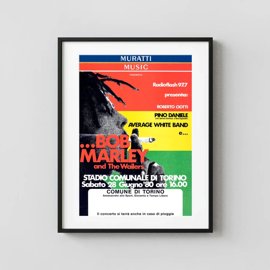 Bob Marley and the Wailers 1980 Turin, Italy Concert Poster featuring white, red, and black vertical artwork.