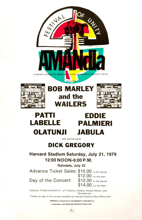 Bob Marley and the Wailers, Patti LaBelle poster with white, light gray, and gray artwork and period lettering.