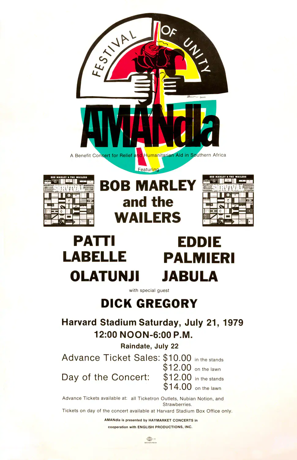 Bob Marley and the Wailers, Patti LaBelle poster with white, light gray, and gray artwork and period lettering.