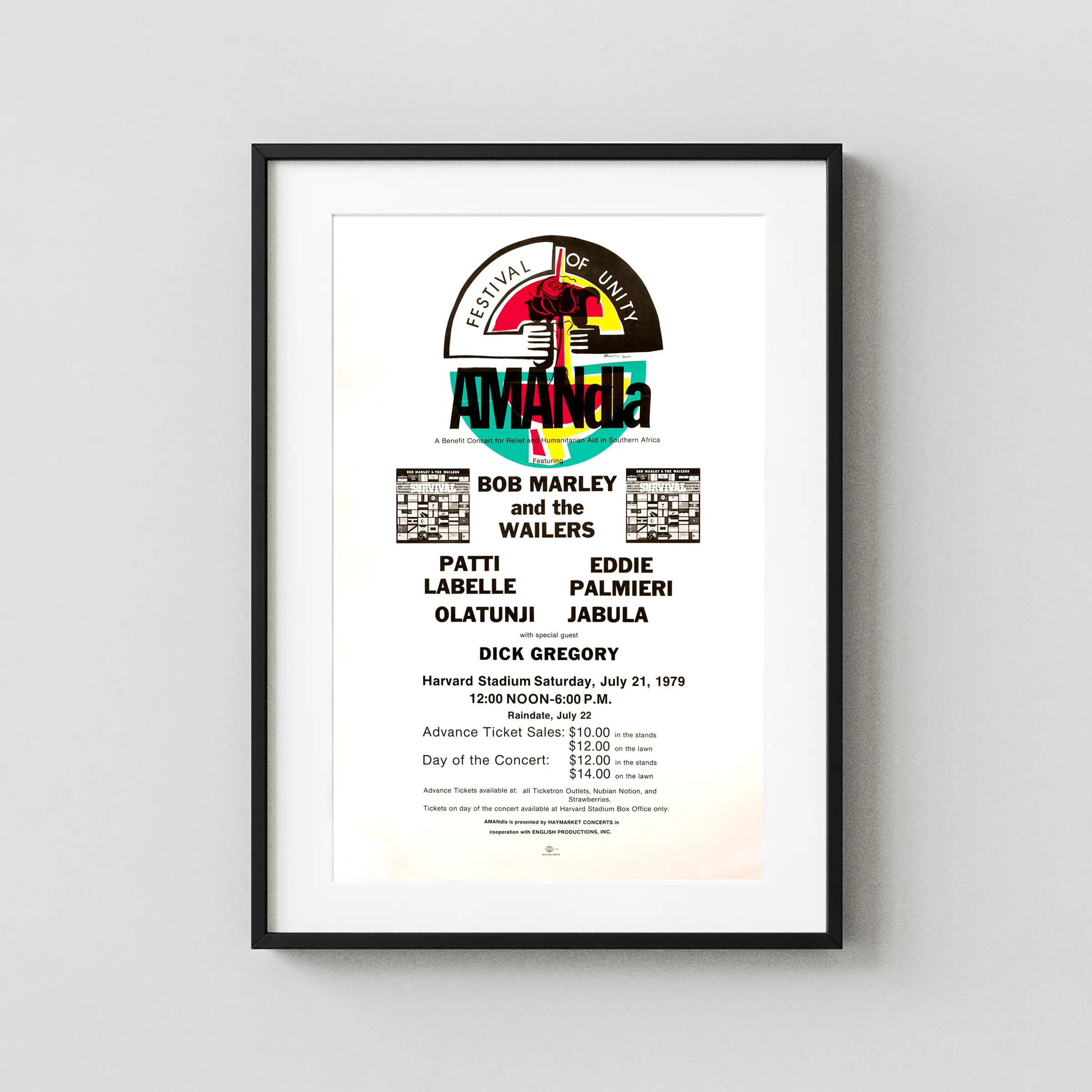 Bob Marley and the Wailers, Patti LaBelle poster with white, light gray, and gray artwork and period lettering.