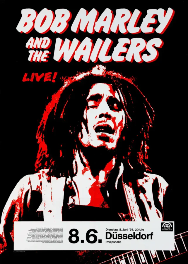 Bob Marley & the Wailers 1976 Düsseldorf, Germany Concert Poster featuring black, light gray, and gray vertical artwork.